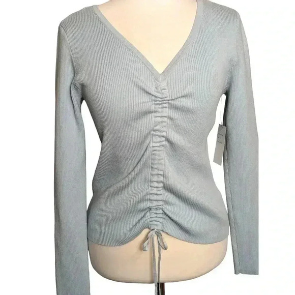 New Nikka K Medium Light Blue V-neck Center Drawstring Cinch Ribbed Sweater - Picture 2 of 7